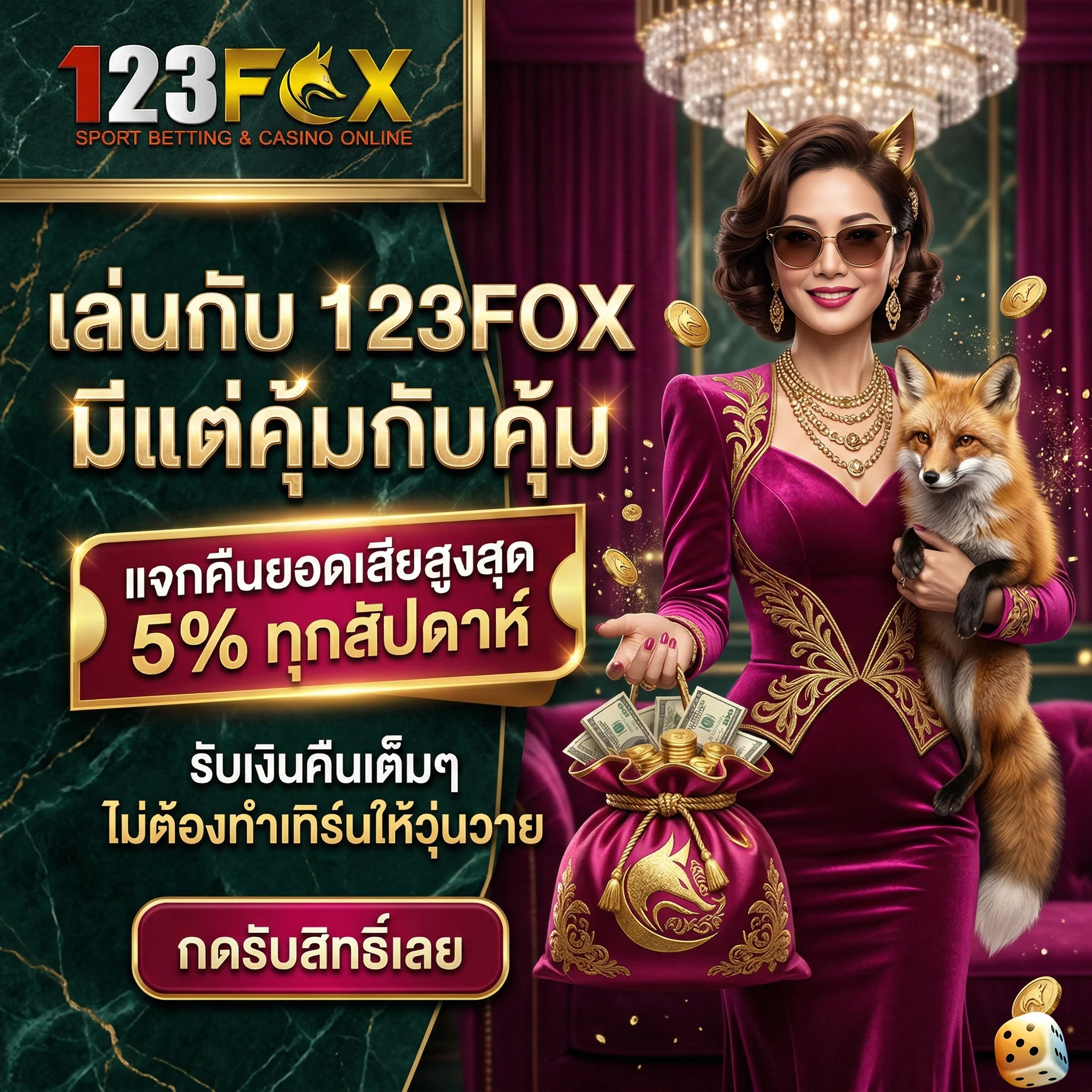 โปรโมชั่น 123FOX คืนยอดเสียสูงสุด 5% ทุกสัปดาห์ รับเงินคืนเต็มๆ ไม่ต้องทำเทิร์น