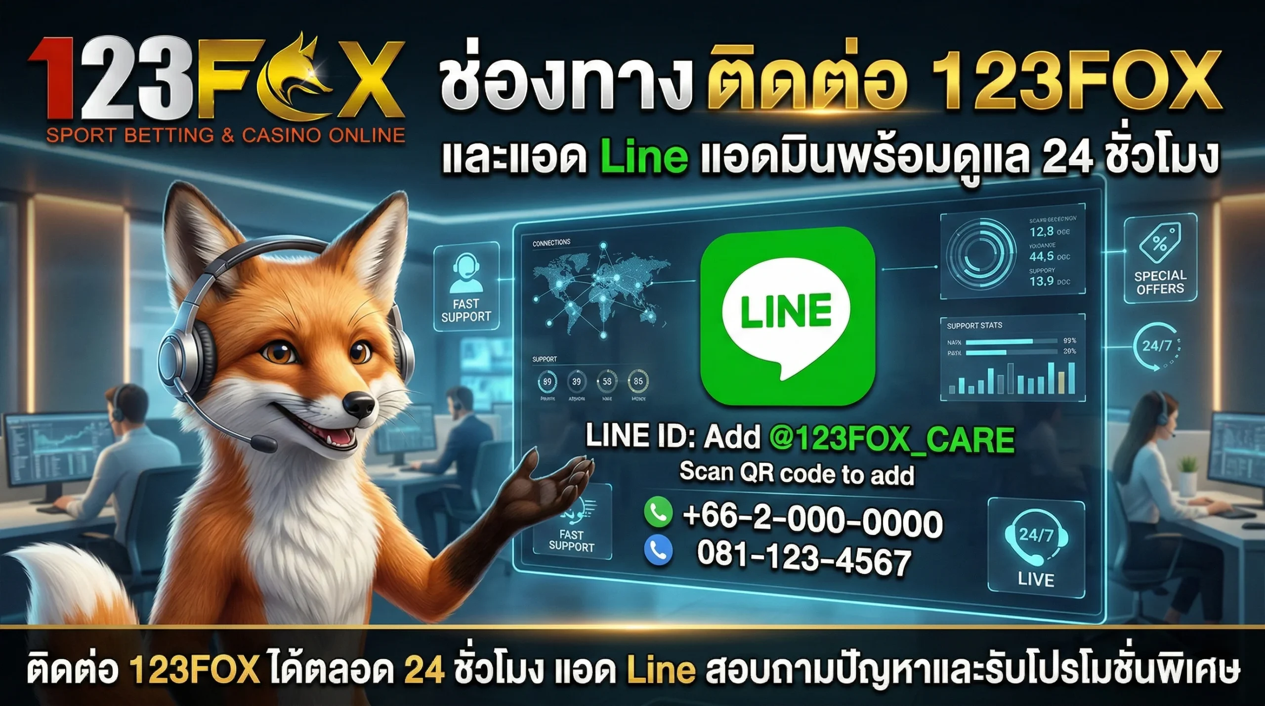 ช่องทาง ติดต่อ 123FOX และแอด Line แอดมินพร้อมดูแล 24 ชั่วโมง