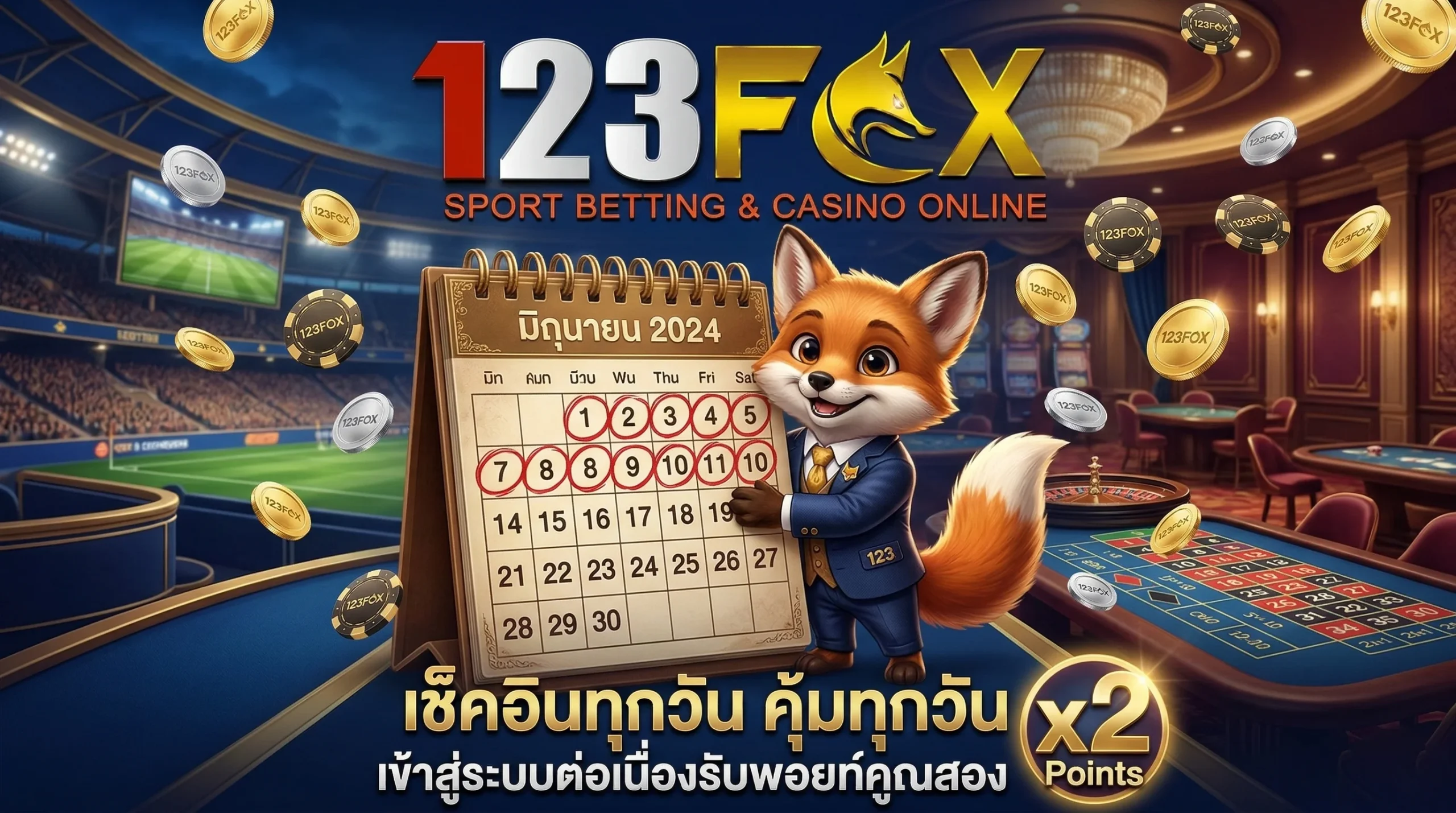 กิจกรรมเช็คอินรายวัน รับพอยท์คูณสองเพียงเข้าสู่ระบบ 123fox อย่างต่อเนื่อง