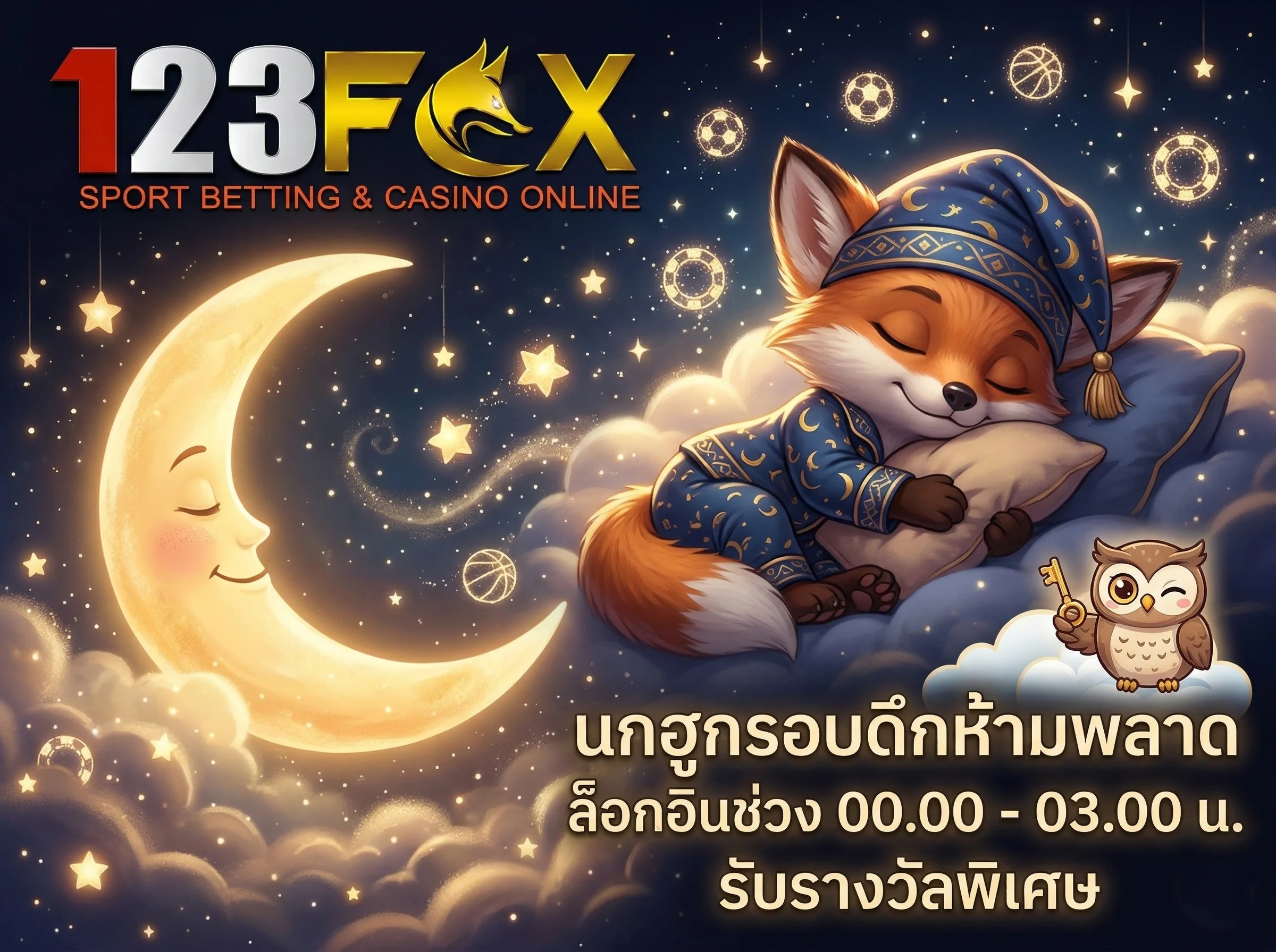 แจกโบนัสรอบดึก รับรางวัลพิเศษเมื่อเข้าสู่ระบบ 123fox หลังเที่ยงคืน