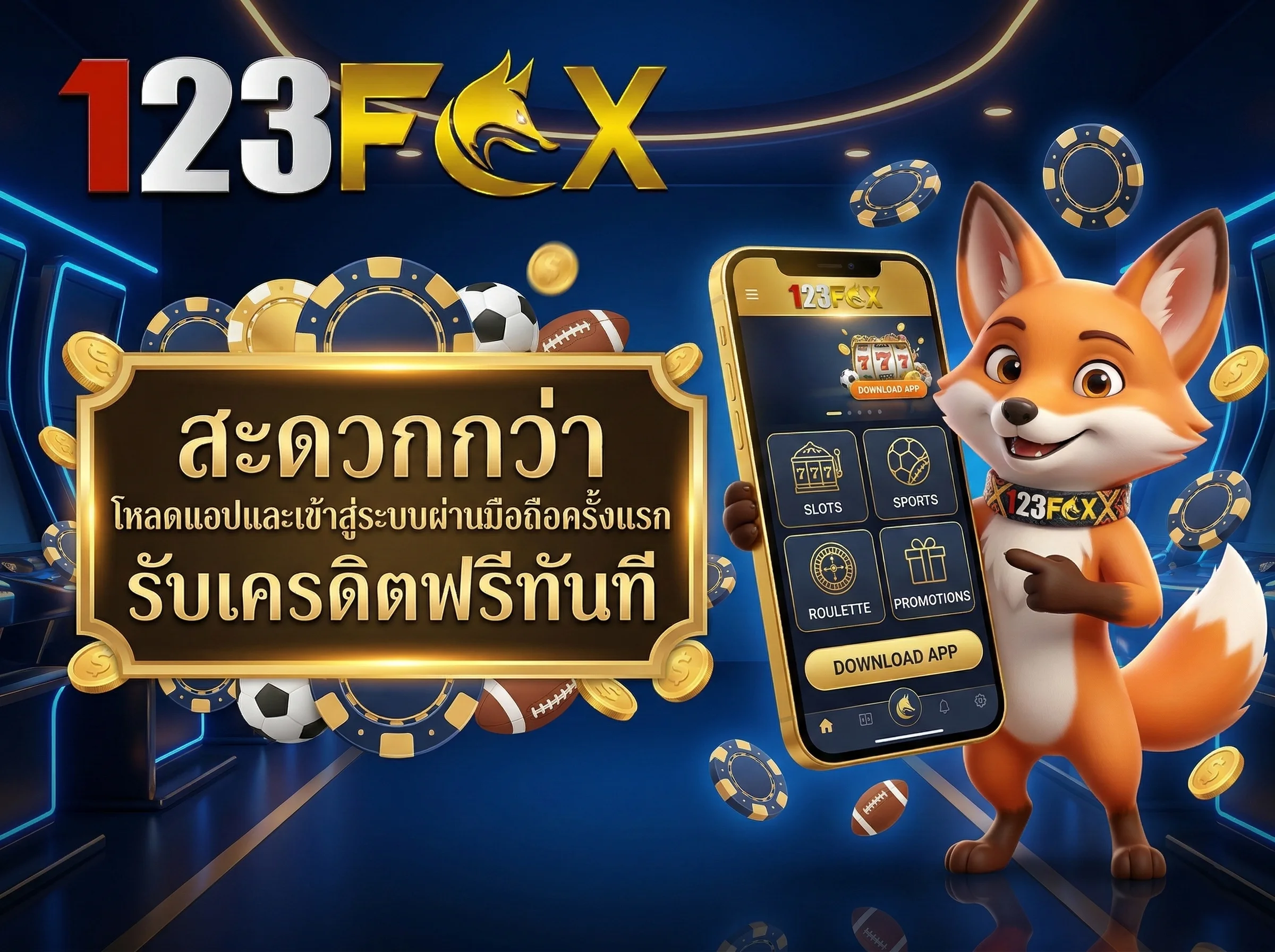 โหลดแอปพลิเคชันมือถือและรับเครดิตฟรีเมื่อเข้าสู่ระบบ 123fox ครั้งแรก