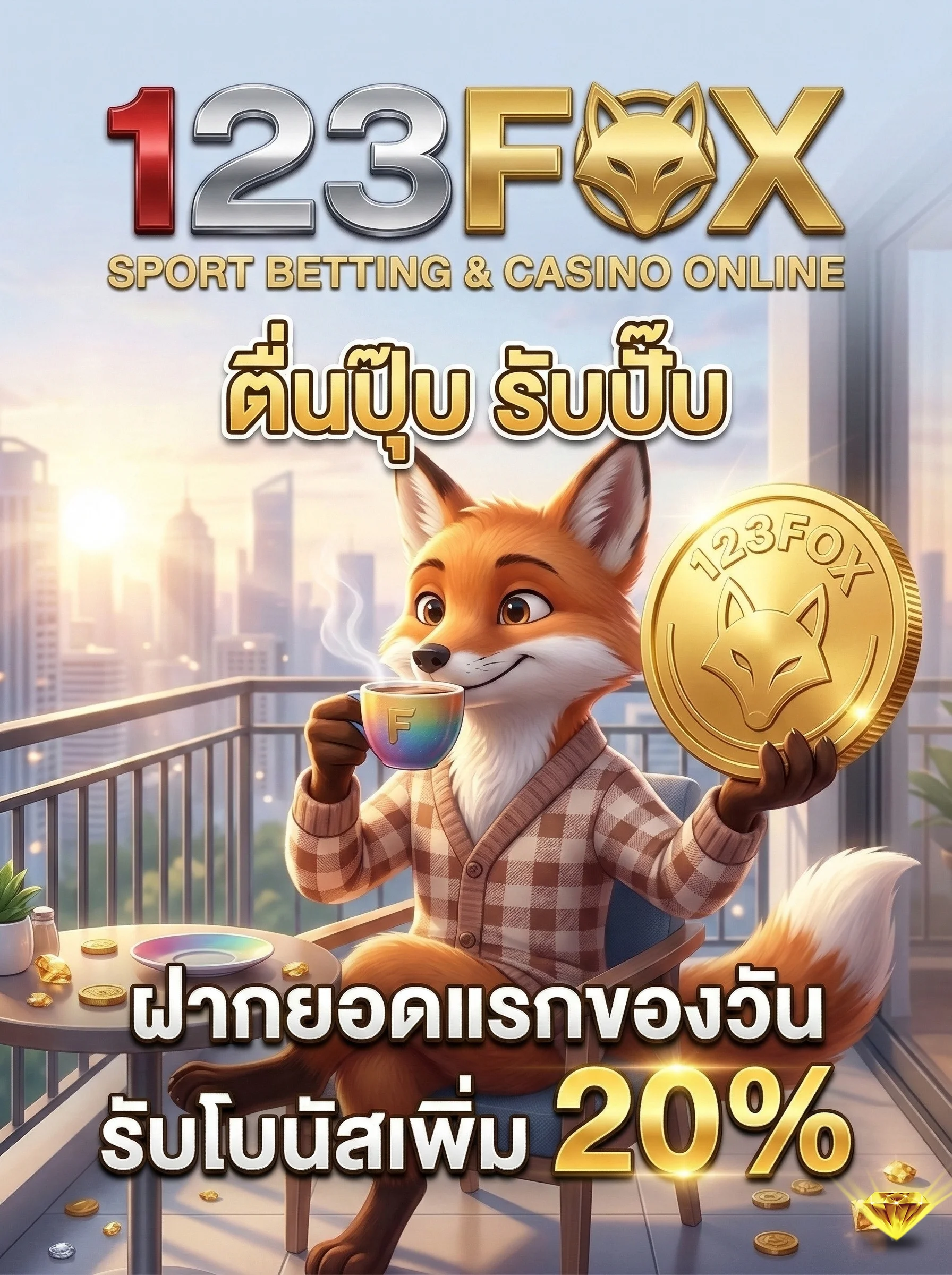 ทางเข้า 123fox ฝากเงินยอดแรกของวัน รับโบนัสเพิ่ม 20% เริ่มต้นวันใหม่สุดคุ้ม